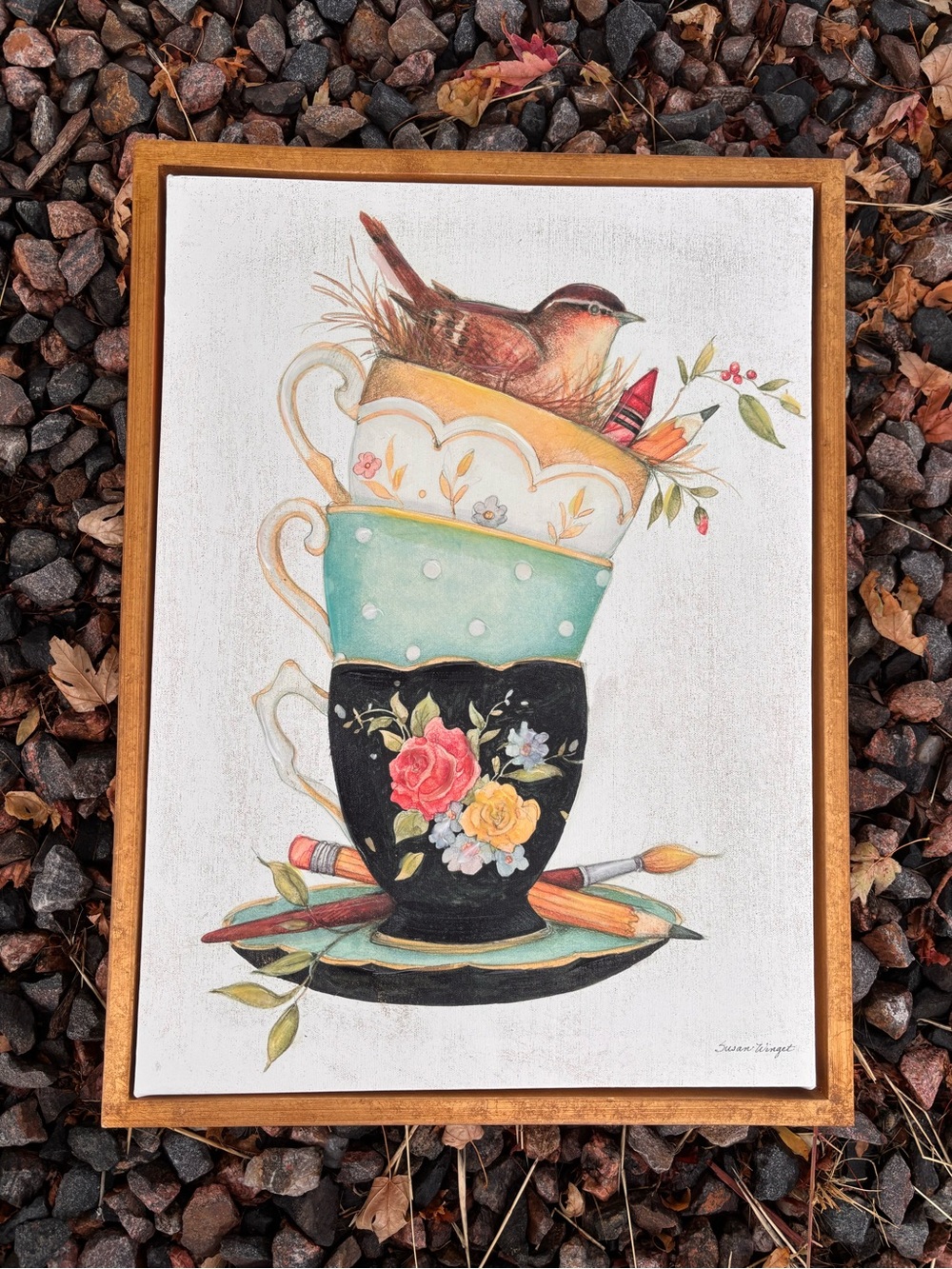 Large Framed Canvas Artwork, Teacups Stacked, Kitchen Wall Art